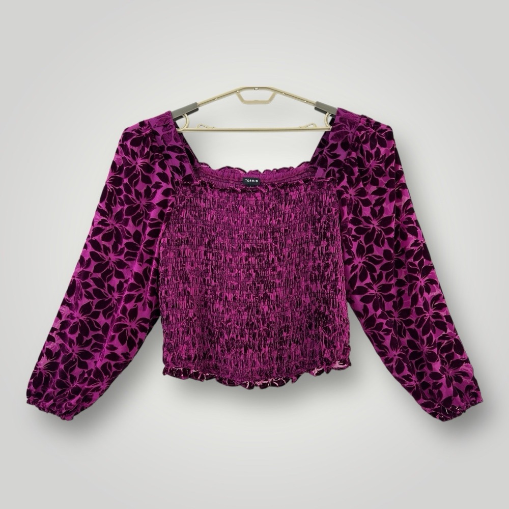 NEW $65 Torrid Velvet Smocked Blouson Sleeve Crop Top Womans‎ Size 3 3x Burgundy